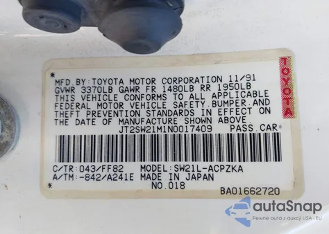 1992 Toyota Mr2 z USA, uszkodzony, nr VIN JT2SW21M1N0017409